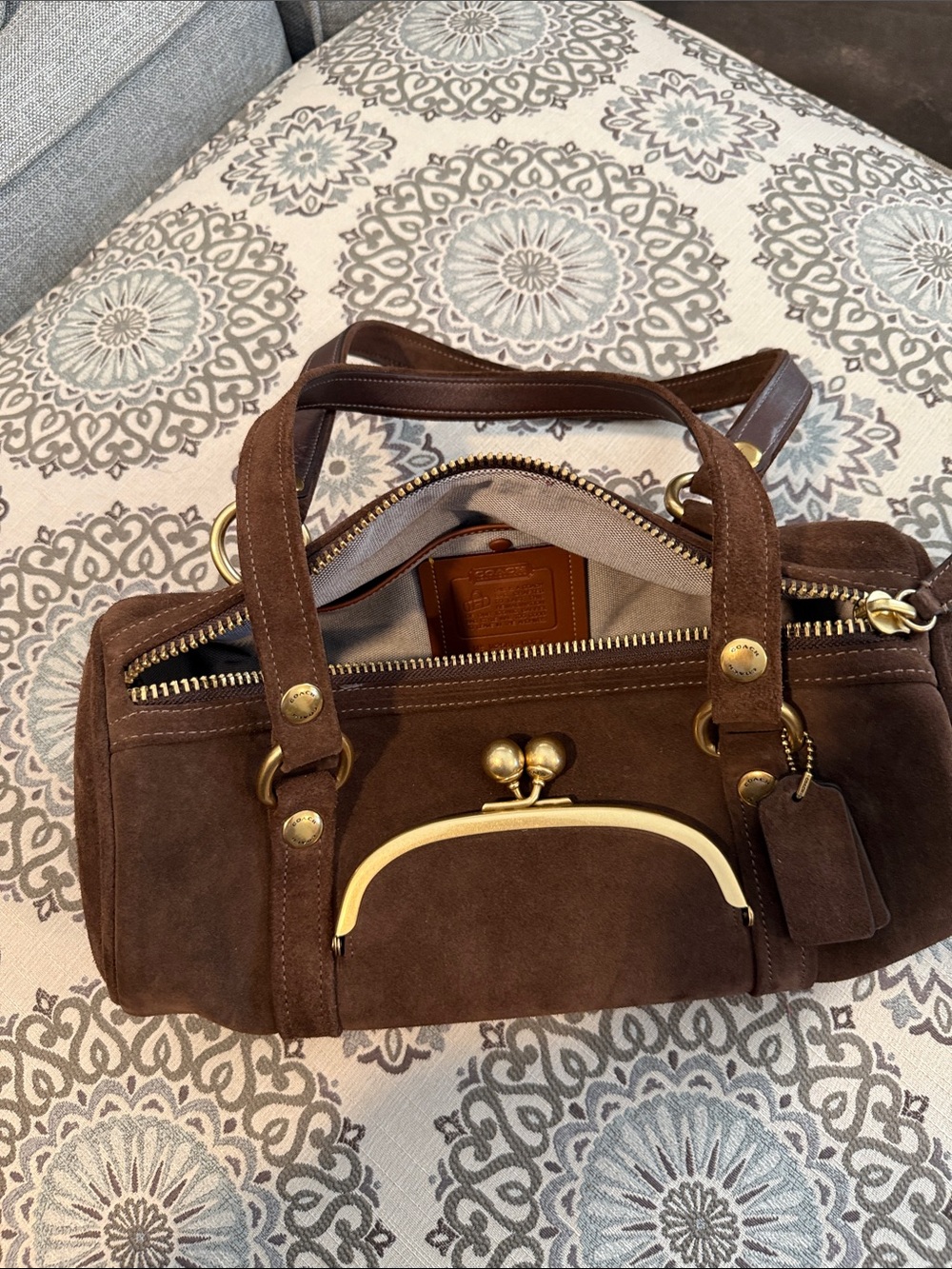 Coach kiss lock barrel bag suede
